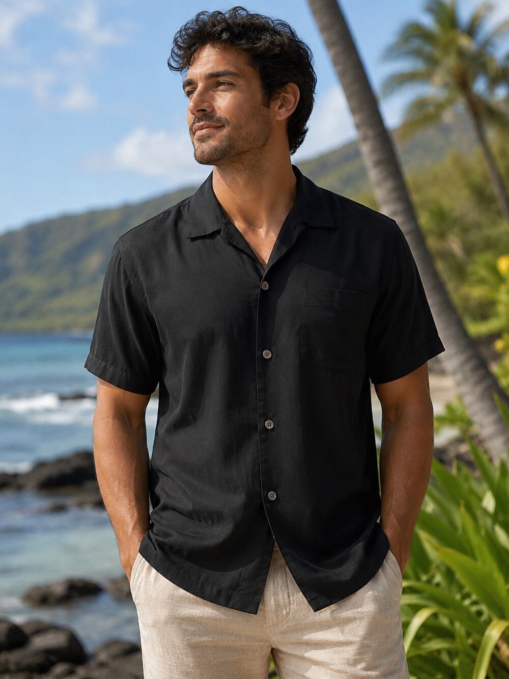 Luxstitch 100% Silk Hawaiian Camp Shirt Black Button-Up NWT Size Large